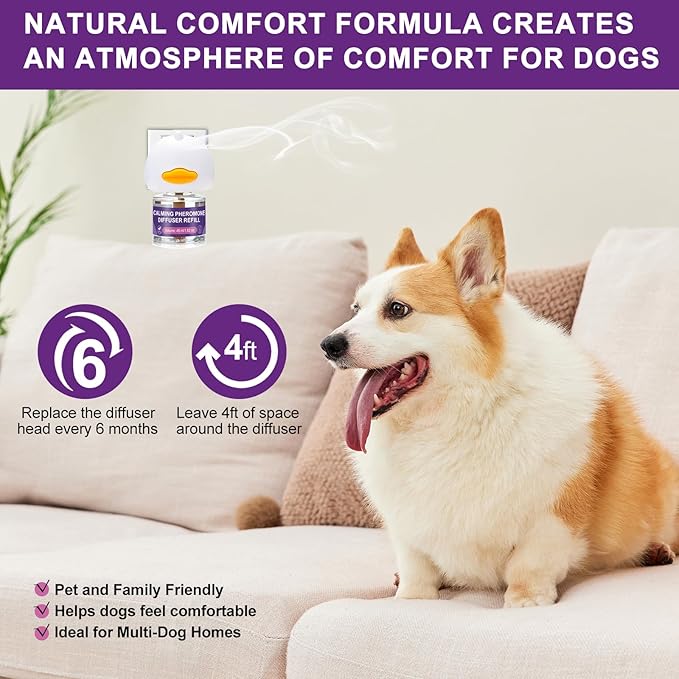 Calming Pheromone Diffuser for Dogs, 1 Diffuser 3 Refills, Relieves Separation Anxiety, Stress, Barking, and Chewing Calming Relaxation (1)