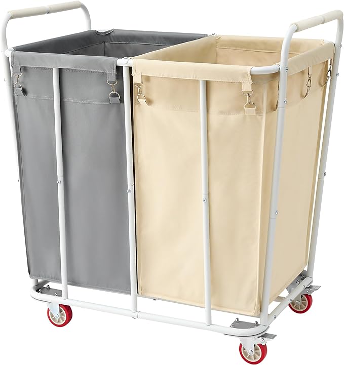 Hoctieon 2 Section Laundry Sorter Cart, 400L Rolling Hamper with Wheels, Industrial Laundry Basket Organizer, Extra Large Dirty Clothes Hamper for Home & Hotel, Heavy Duty, Gray+Beige