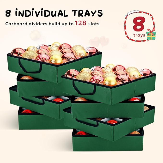 Mrrihand Christmas Ornament Storage Box, Ornament Storage Container with 8 Trays-Xmas Decoration Organizer Keeps 128 Holiday Ornaments 3-Inch, Dual Zipper Closure, 600D Tear-Proof（Green）
