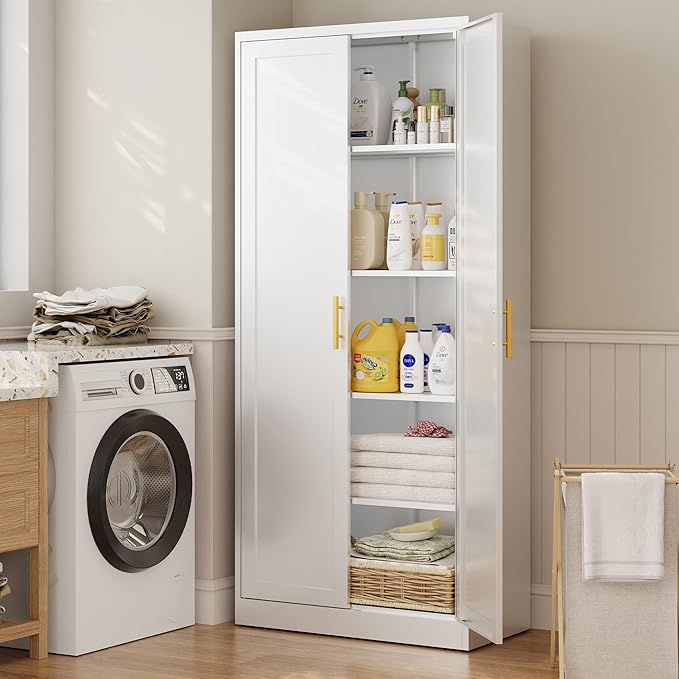 CJF White Kitchen Pantry Cabinet,71 Inch Tall Metal Storage Cabinet with 4 Adjustable Shelves and Doors, Freestanding Pantry Cabinet for Kitchen, Living Room, Dining Room, Bathroom, Easy to Assemble
