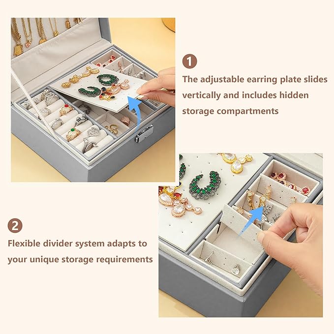 Homeanda Jewelry box 2 layer Jewelry box Leather Jewelry boxes for Women Girls Teens Jewelry organizer box Jewelry Storage box with lock(Grey)