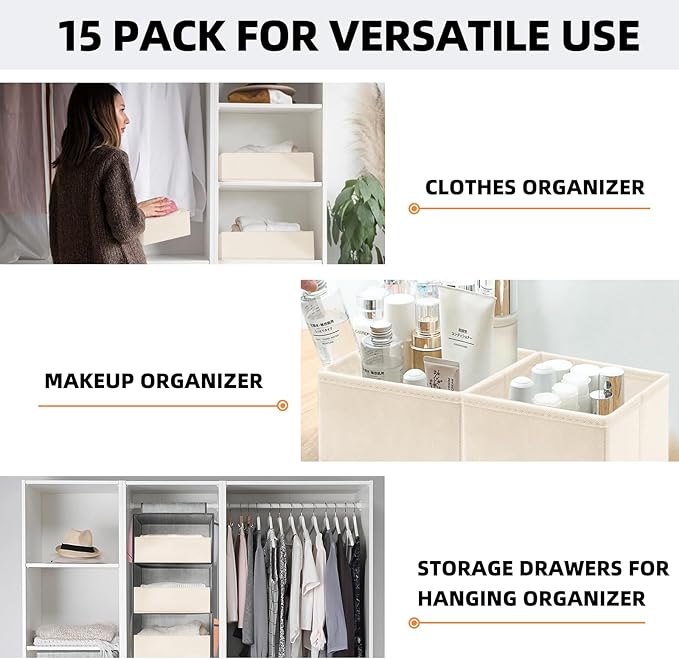 Criusia Closet Drawer Organizer Clothes, 15 Pack Dresser Organizer for Baby Clothes, Fabric Drawer Dividers for Nursery Bedroom (Beige)