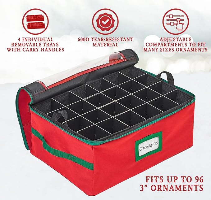 HOLDN’ STORAGE Christmas Ornament Storage Box with Dividers - Fits 96-3” Ornaments, 4 Removable Trays, Durable & Space-Saving, Clear Top Lid, Convenient Storage Designed, Red