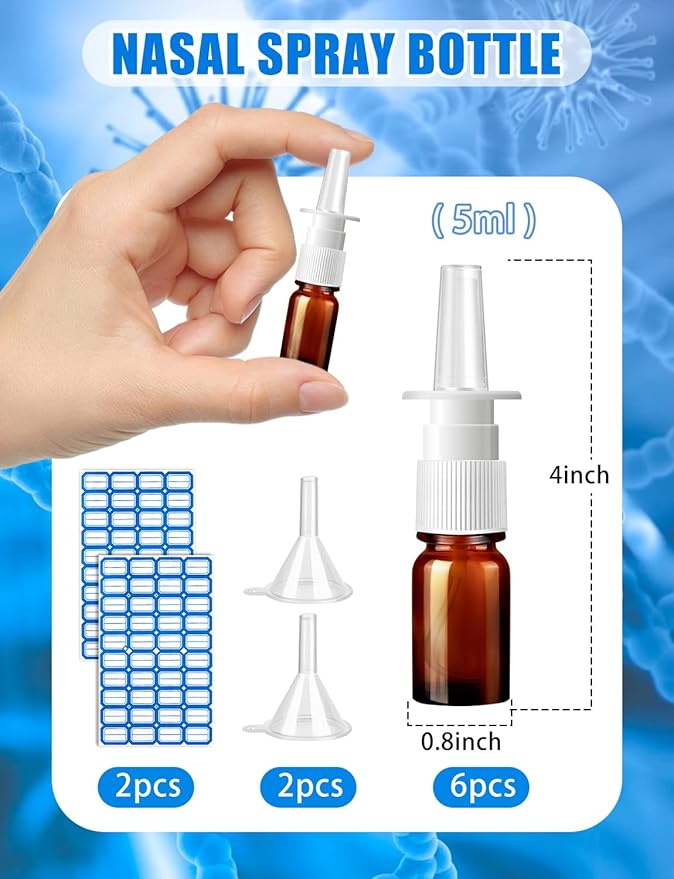 ZHWKMYP 10 Pcs Nasal Spray Bottle, 5ML/0.17OZ 6 Pcs Brown Fine Mist Glass Empty Refillable Nasal Spray Bottle with 2 Funnels and 2 Labels