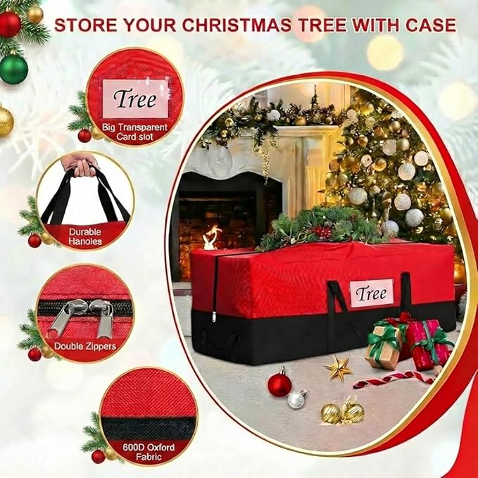 Christmas Tree Storage Bag - Fits Up to 8 Ft Tall Artificial Trees, Heavy Duty Holiday Storage Box With Reinforced Handles, Zipper & Transparent Pocket - 600D Oxford Container, Red