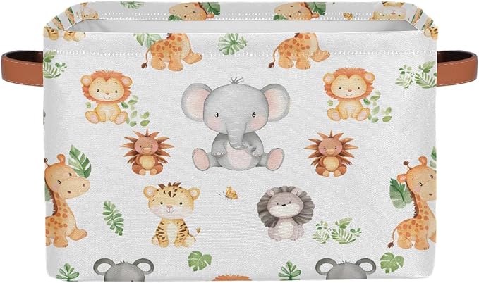 Cartoon Animal Storage Basket for Shelves, Storage Bins with Handles, Collapsible Basket for Organizing, Closet Toy Baskets for Nursery Room, 15x11x9.5 in, Canvas, Woodland Animals