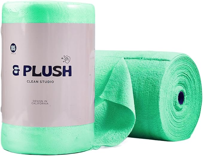 & PLUSH Microfiber Cleaning Cloth Roll - 85 Pack, Tear Away Microfiber Towels, 12" x 12", Reusable, Washable, Streak Free, Ultra Absorbent Dish Rags for Car, Home, Garage or Shop (Green)