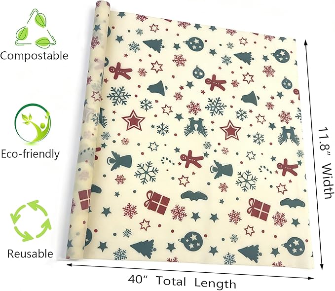 Organic Beeswax Wraps for Food-12 x 40" Reusable Beeswax Wraps Roll for Food Preservation & Storage Eco-Friendly Food Wraps Sustainable Food Storage Wraps for Cheese, Sandwich, Bread (Xmas)