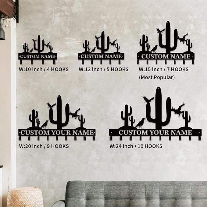 Personalized Custom Name Cactus Wall Keys Hooks,Metal Cactus Art Clothes Hooks,Metal Cactus Lover Wall Home Storage Decorative,For Front Door, Hallway, Kitchen, Bedroom,Keys,Hats (Style H)