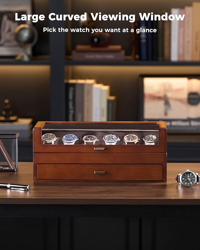 ProCase Wooden Watch Box for Men, Wood Watch Display Case Men's Jewelry Organizer Box with Drawer -6 Slot, Walnut