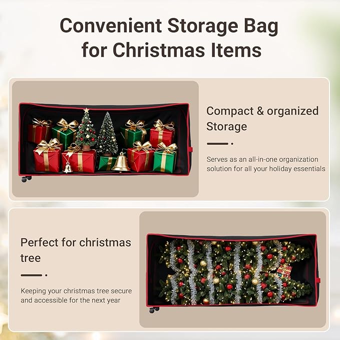 ELYKEN 7.5FT Christmas Tree Storage Bag with Wheels, Rolling Storage Bag for Artificial Christmas Tree and Decorations, Heavy Duty 600D Oxford Fabric, Length-Adjustable Handles, Dual Zippers, Black