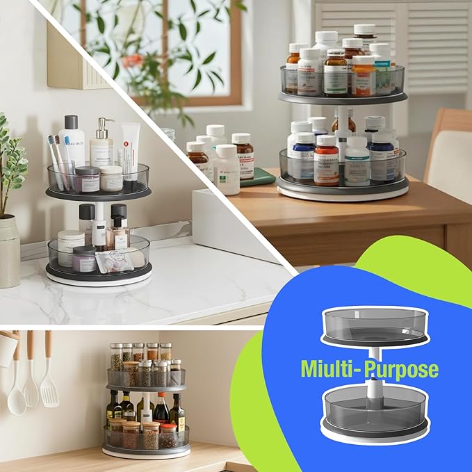 DIHUMK 2 Tier Lazy Susan Turntable Organizer for Medicine Cabinet Bottle Pantry Countertop with Clear Large Spice Rack 11 Inch Grey