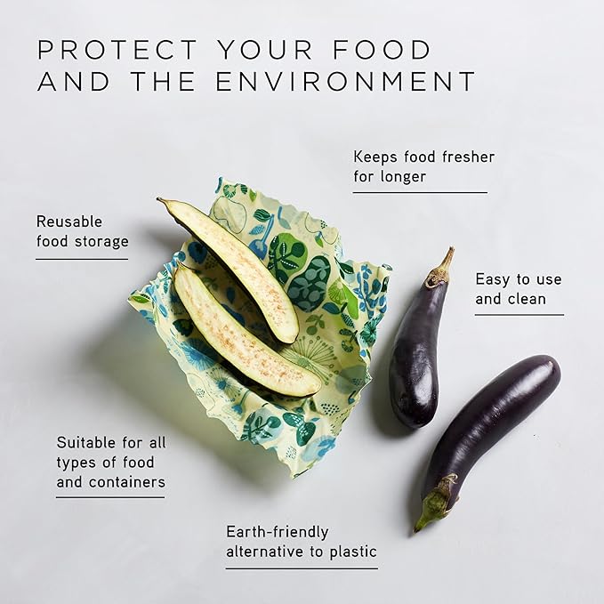 Honeybee Beeswax Wraps - Kitchen Starter Pack with Wax Replenish Block - Certified Organic Cotton Beeswax Wrap - Reusable Beeswax Food Wrap - 3 Pack - Small, Medium & Large