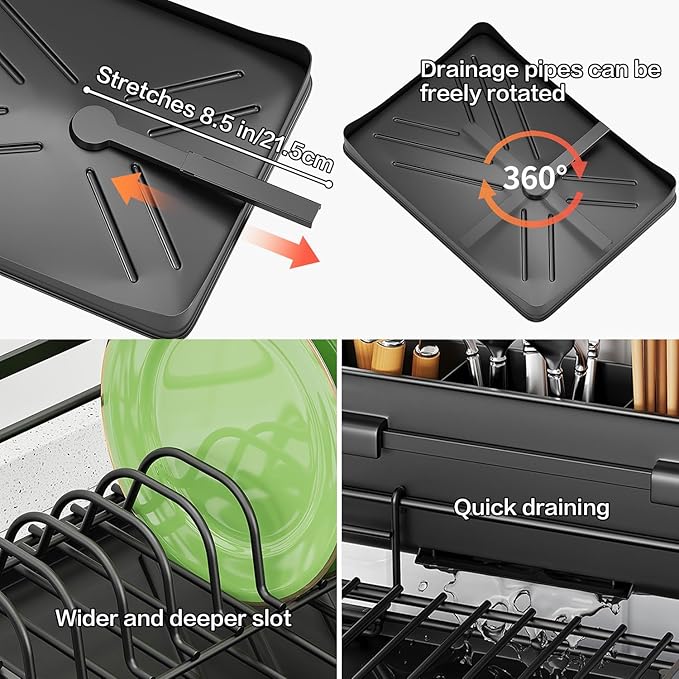 Expandable Dish Drying Rack–Adjustable Single or 2 Tier Dish Rack System,Double Dish Drainer,Large Capacity,2-in-1 Anti-Rust Stainless Steel Dish Rack for Kitchen Counter and Sink (2 Tier Expandable)