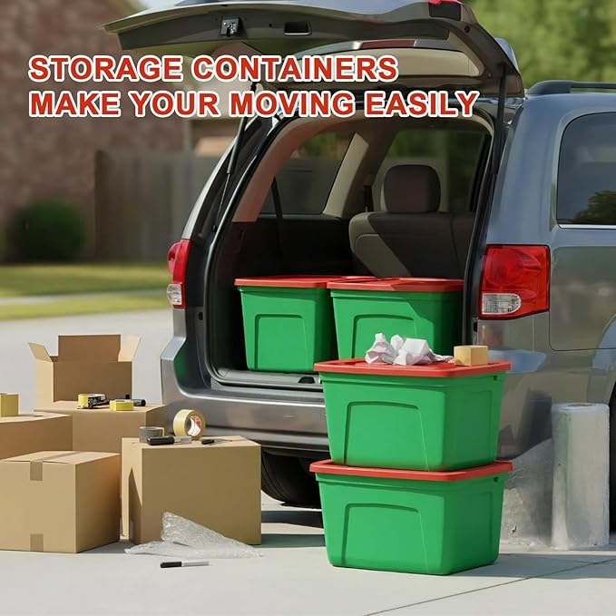 4-Pack Christmas Storage Totes with Lids - Made in USA 18-Gallon(72-Quart)Red Storage Bins,Holiday Organizer,Plastic Stackable Large Storage Boxes for Home,Office,Garage,Basement Red/Green