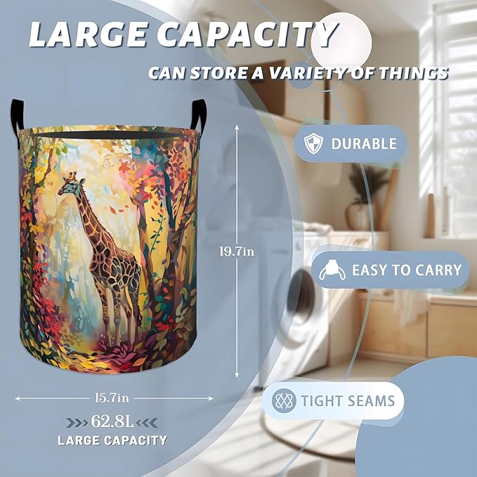 Colorful Giraffe in Forest Laundry Basket with Handles, 19.7"x15.7" Clothes Foldable Laundry Hamper Organizer for Dorm Nursery Bedroom Bathroom Decor, Toy Storage Bin for Kids
