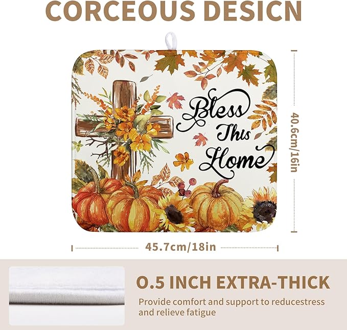 Wnoesat Fall Drying Mat for Kitchen Counter Autumn Thanksgiving Pumpkin Cross Dish Mat Sunflower Maple Leaf Absorbent Microfiber Dish Draining Mat Reusable Dishes Pad Medium 16"x18"