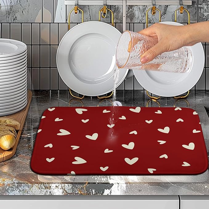 Wnoesat Valentine's Day Love Heart Dish Drying Mat for Kitchen Counter 16x18 Inch Valentine Theme Dish Mats Absorbent Microfiber Dish Draining Mat Reusable Washable Dish Drainer Rack Pad