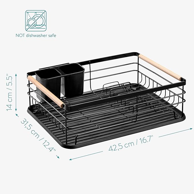 Navaris Dish Drainer Rack - Plate, Silverware, Pots and Pans Drying Rack for Kitchen with Beechwood Handles - Modern Retro Design Drip Tray - Black