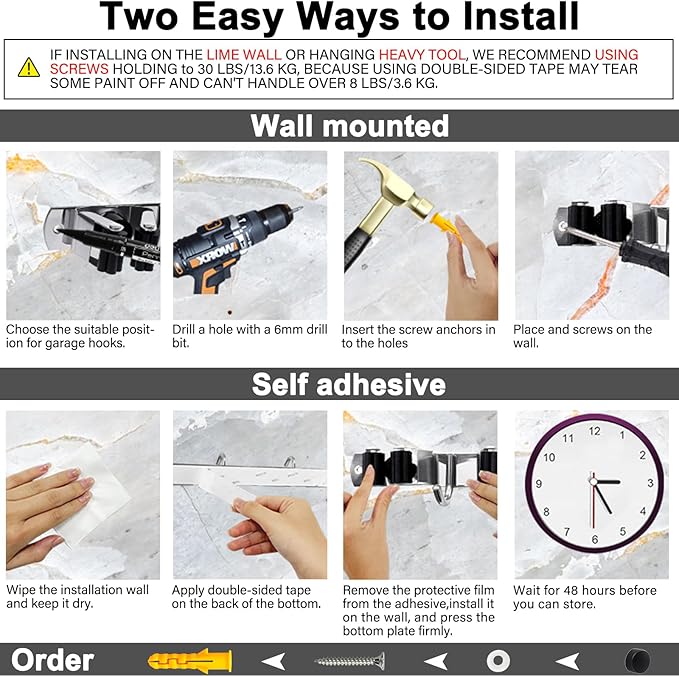 2 Packs 5 Racks and 4 Hooks Mop and Broom Holder Wall Mount, SUS304 Heavy Duty Broom Organizer Storage Tool Racks, Self Adhesive Solid Non-slip Tool Hangers for Home Kitchen Garden Laundry Garage