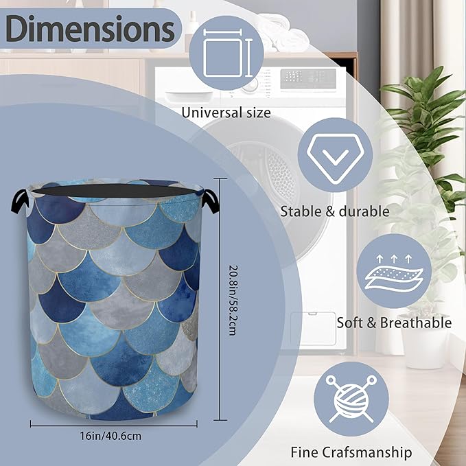 Mermaid Fish Laundry Hamper,Dirty Clothes Laundry Basket with Handles Waterproof Oxford Cloth Storage Basket for College Dorms Bathroom Bedroom 16" x 20.8"