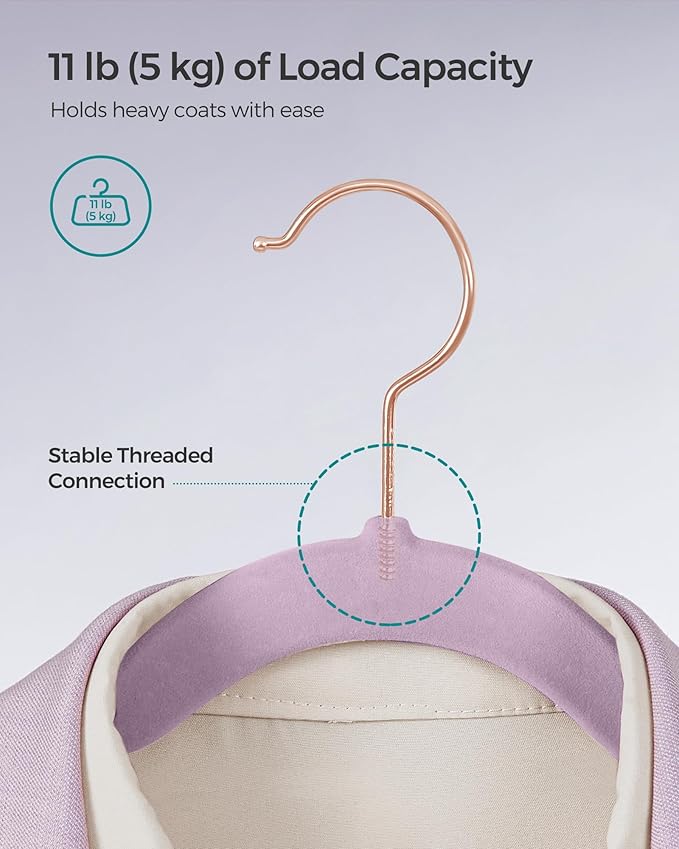 SONGMICS Slim Velvet Hangers, Non-Slip Clothes Hangers with Rose Gold Swivel Hooks, Space-Saving, for Closet, 50 Pack, Light Purple UCRF026P50