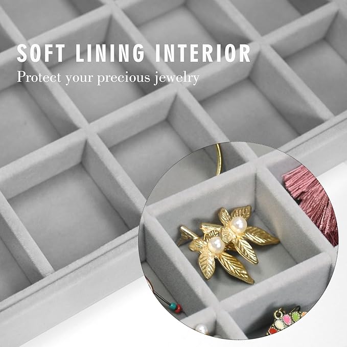 Velvet Jewelry Tray 48 Grid Jewelry Display Tray Organizer Box with Transparent Lid Rings Earrings Necklaces Pendants Display Box Suitable for Women and Girls (Grey)