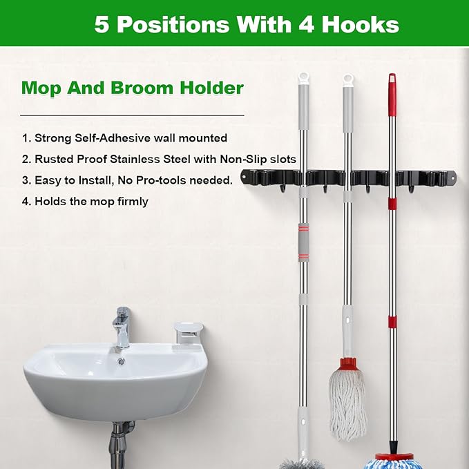 voze 5 Racks and 4 Hooks Mop and Broom Holder Wall Mount, Self Adhesive Heavy Duty Broom Hanger Organizer Storage Tool Racks for Kitchen Garden Laundry Garage Black
