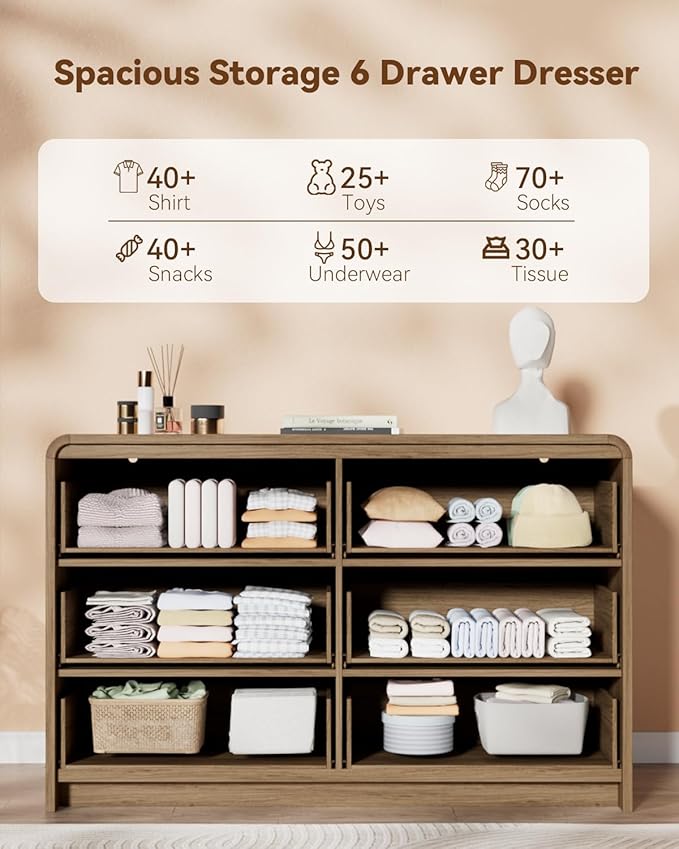 47" Wide Fluted 6 Drawer Dresser for Bedroom, Chest of Drawers with Curved Profile Design, Mid-Century Wood Closet Clothes Storage Organizer for Bedroom, Living Room, Hallway, Walnut