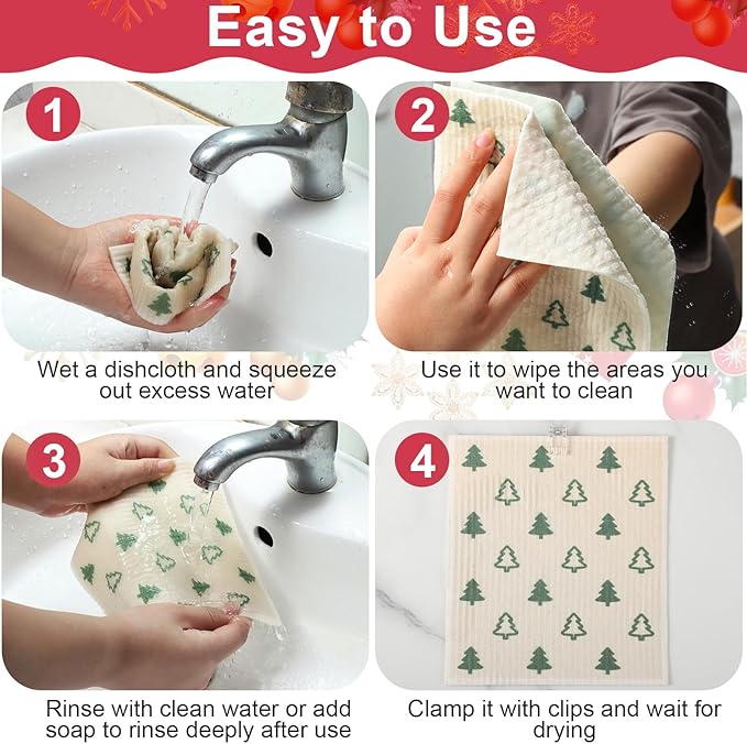 6 Pack Christmas Swedish Dishcloths for Kitchen, Snowflake Elk Xmas Tree Reusable Paper Towels with Adhesive Clips, Stocking Stuffers for Adults Absorbent Cellulose Sponge Cloths for Cleaning Kitchen