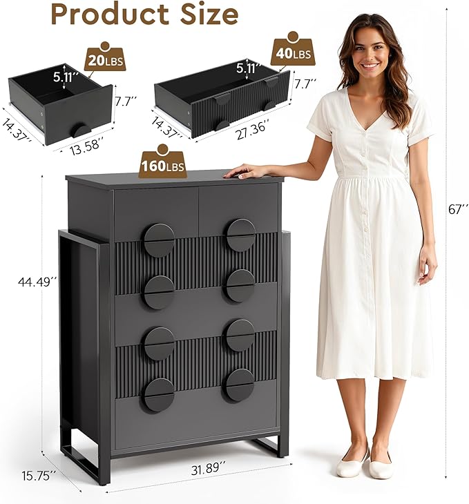 Fluted Dresser for Bedroom with 6 Drawers, 44.5" Tall Chest of Drawers with Raised H Legs and Curved Profile Design, Wood Closet Clothes Storage Organizer for Bedroom, Hallway, Black