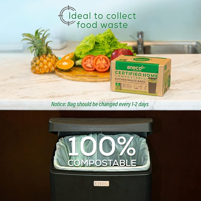ANECO 100% Compostable Food Waste Bags 13 Gallon, 35 Count, Extra Thick Kitchen Compost Bags, Large Compostable Bags for Tall Kitchen Bin (Pack of 1)