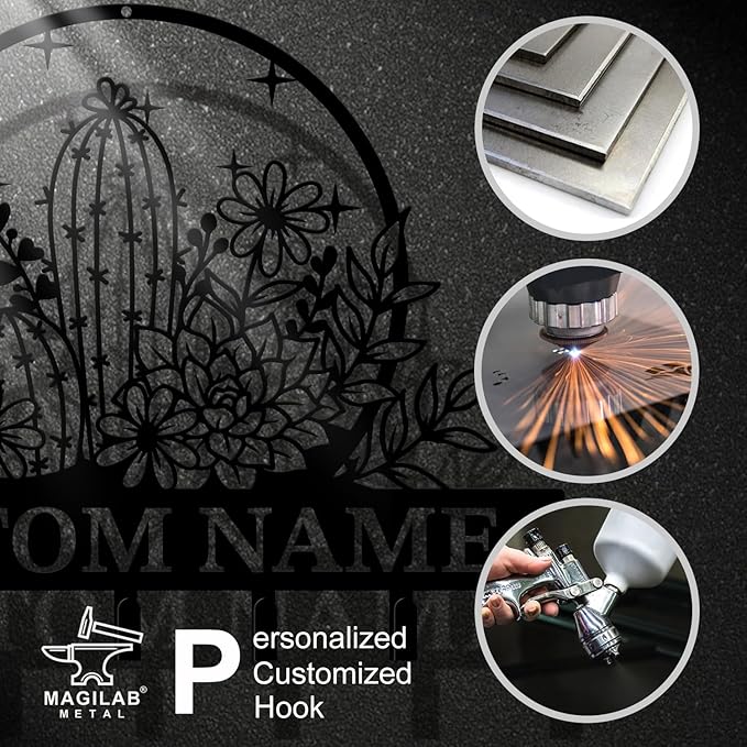 Personalized Custom Name Cactus Wall Keys Hooks,Metal Cactus Art Clothes Hooks,Metal Cactus Lover Wall Home Storage Decorative,For Front Door, Hallway, Kitchen, Bedroom,Keys,Hats (Style A)