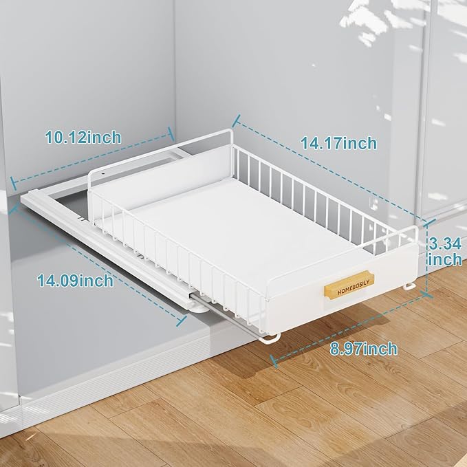 HOMEBOSILY Under Sink Organizer, Kitchen Pull Out Cabinet Organizer, Mute Slide Out Metal Under Sink Organizers and Storage Shelves for Kitchen Bathroom Laundry Cabinet Pantry, White