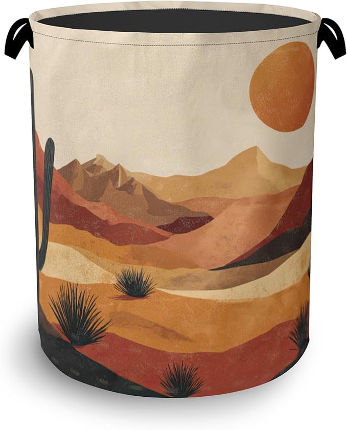 Mountains Sun Laundry Basket,Cactus Desert Oxford Cloth Laundry Hamper with Handle Foldable Portable Clothes Storage Basket for Bathroom Bedroom Dorm Room 16" x 20.8"