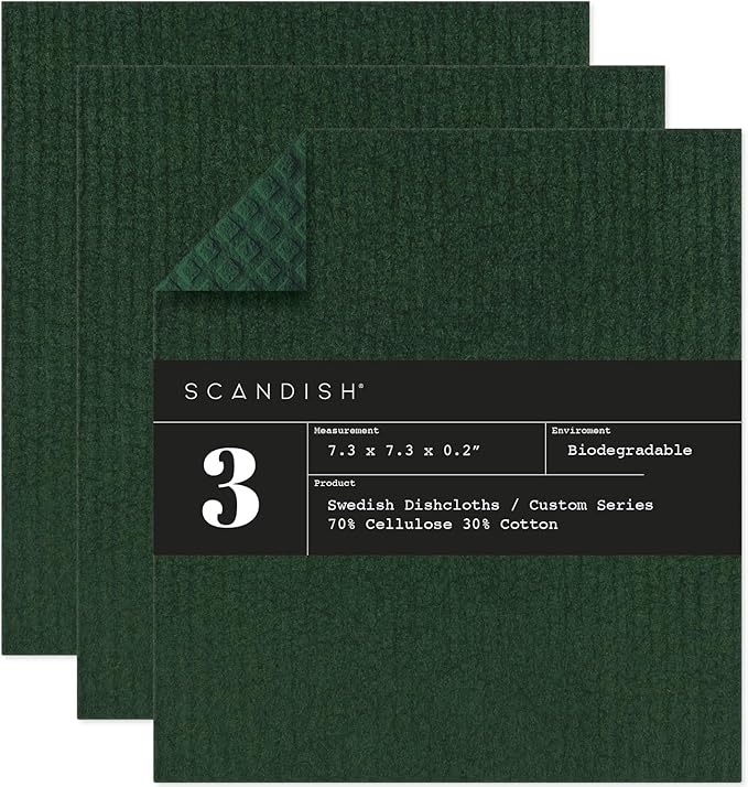 SCANDISH Forest Green Swedish Dishcloths for Kitchen - Set of 3 Reusable, Compostable Dishcloths