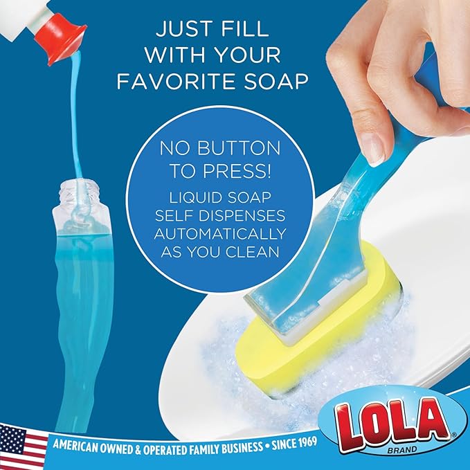 LOLA Dish Brush w/Soap Dispenser Wand, 1 Brush w/Head & 6 Refills, Absorbent Sponge Scrubber, No Leaking. Clean Dishes, Sinks and Cookware