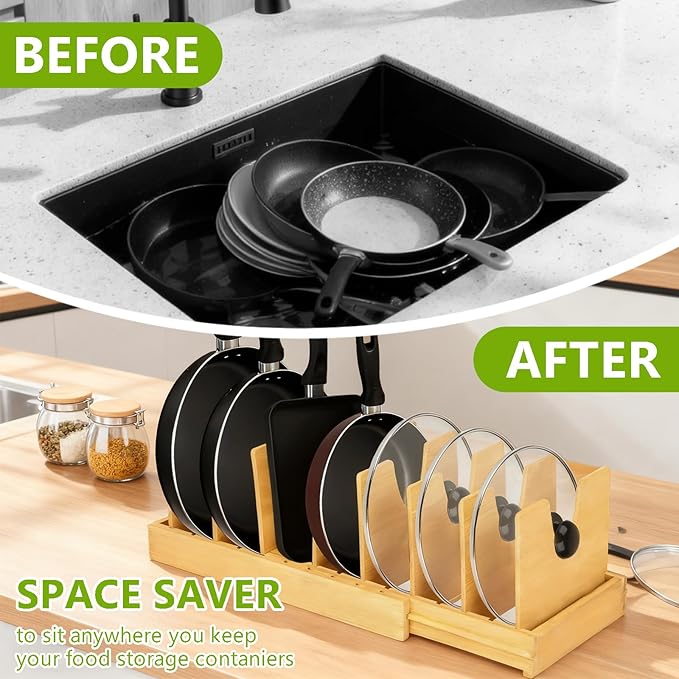 VKDDM Pots and Pans Organizer for under Cabinet - Expandable Bamboo Pot Lid Organizer, Bakeware and Cutting Board Organizers, Drawer Pot Lid Holder Rack for Kitchen Organizers and Storage