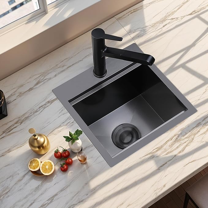 VCCUCINE Gunmetal Black Bar Sink Drop in, 15x15 Inch Topmount RV Small Kitchen Sink, 16 Gauge Stainless Steel Wet Bar Sink, Top Mount Outdoor Single Bowl Prep Sink with Cutting Board & Strainer