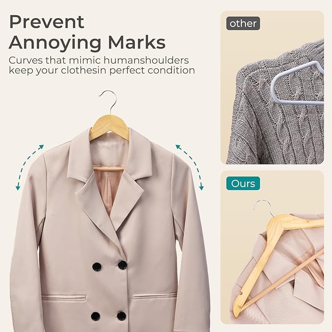 HOUSE DAY Premium Wooden Coat Hangers 100 Pack, Heavy Duty Solid Wood Clothes Hangers with 360° Swivel Hook & Pant Bar for Jackets, Dress, Shirts, Natural Wood Suit Hanger for Closet Organizer