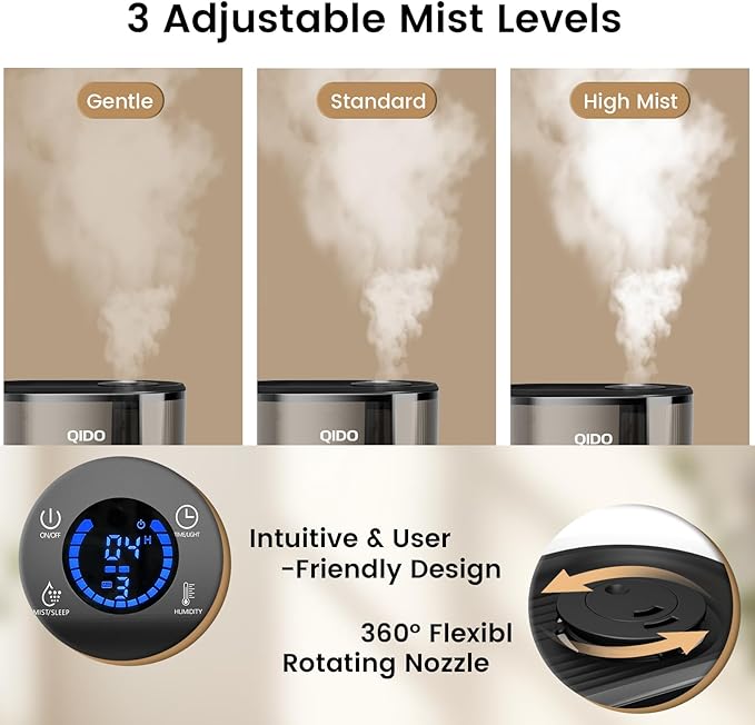 QIDO Top Fill Humidifiers for Bedroom, 5 L Cool Mist 36H Super Long Time, Quiet 28dB Essential Oil Diffuser for Baby & Plants, 3 adjustable Mist with Touch/APP/7-color Nightlight, Auto Shut-off, Black