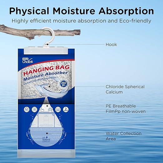 W&E Choice Moisture Absorbers Hanging Bag for Your Closet, Dehumidifier Bags for Bathroom, Fragrance Free Humidity Packs, 6 Pack