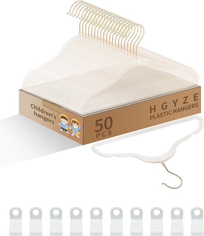 HGYZE Toddler Hangers for Kids Clothes Closet, 50pcs Slim Baby Hangers with 10 Connector Hooks for Infant Coat, Perchas de Plástico for Boy Nursery (Clear Sparkling Hangar with Gold Glitter)