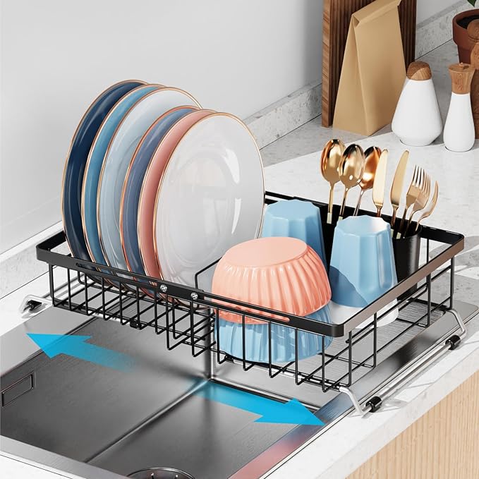 iSPECLE Expandable Dish Drying Rack for Kitchen Sink - Rust Resistant Adjustable Over The Sink Dish Drainer with Non Slip Rubber, 11.8" W x 12.8"-25.2" L, Black