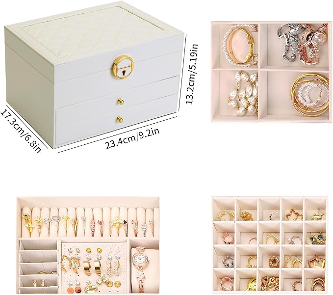 3 Layer Jewelry Organizer Box with Drawers, Lockable PU Leather Jewelry Storage Case for Necklace Earring Ring Bracelet Watch, White