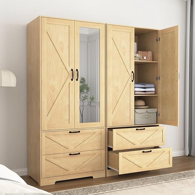 Armoire Wardrobe Closet with Mirror and 2 Drawers, 72'' Bedroom Armoire Wardrobe Cabinet with Hanging Rod and Light,Wooden Bedroom Closet with Adjustable Shelf
