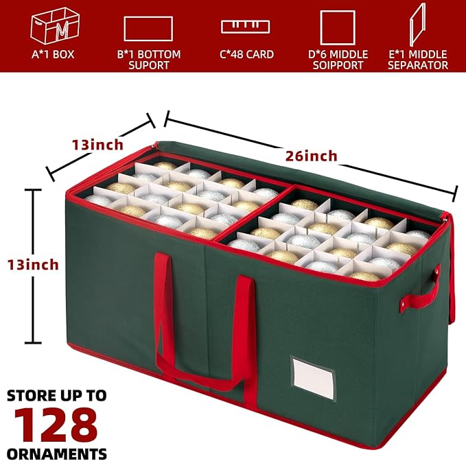 ININ Christmas Ornament Storage Box with Adjustable Dividers,Christmas Ornaments Organizer with Zippered Top,Storage Container Bin with Side Pockets for Holiday Decorations(128 Ball, Green, with Tray)