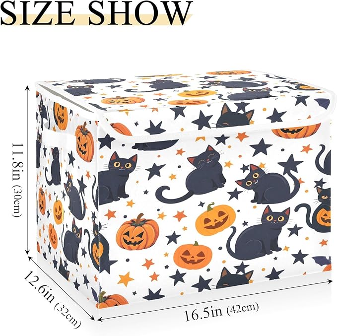 Bolaz Storage Bins with Lids and Handles,Black Cat Pumpkin Pattern Storage Box Basket with Cover Collapsible Organizer Containers for Home Closet, Shelves