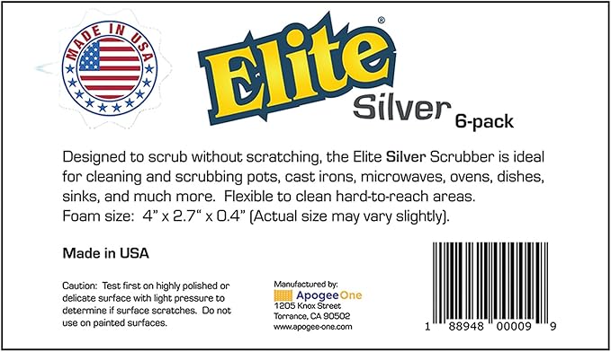 Elite Silver Scrubber Sponge, 6 Pack, Non Scratch, Sponges for Kitchen and Household Use, Made in USA (Regular)