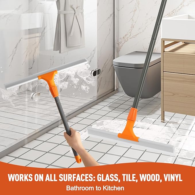 CLEANHOME Silicone Floor Squeegee for Shower Glass, Floor, and Garage - Heavy-Duty Pet Hair Remover, Bathroom Tile Cleaner, Window Wiper - Flexible, No Streaks, Compact Storage